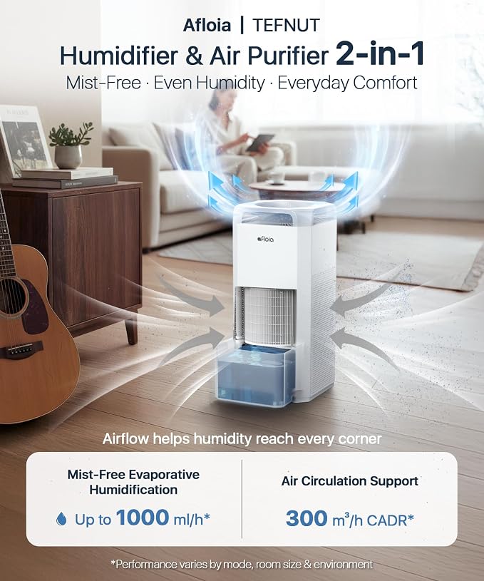 Afloia Humidifier for Bedroom Large Room - Mist Free Evaporative 2 in 1 Humidifier and Air Purifier in One Combo for Home with Top Fill 5L Tank/Humidity&Air Quality Sensor/2-24H Timer - Image 2