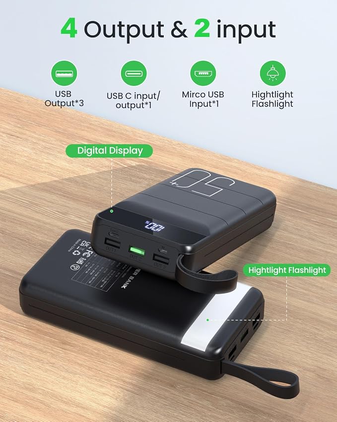 Power Bank Fast Charging 50000mAh - 22.5W Portable Charger USB C Quick Charge with 4 Outputs & 3 Inputs LED Display Huge Capacity External Battery Pack for iPhone, Samsung, iPad etc Black - Image 5