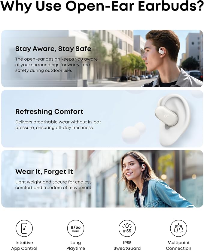 Soundcore V20i by Anker Open Ear Earbuds, Open Ear Headphones True Wireless | Adjustable Hooks, Ultra-Comfort, Snug Fit, Power Sound, Clear Calls, IP55, 36H Playtime, Bluetooth 5.4, Multipoint Connection - Image 8