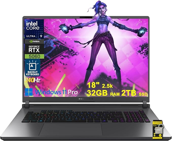 ASUS ROG Strix G18 G815 Gaming AI Laptop 18" 2.5k 240Hz 3ms 100% DCI-P3 Intel 24-core Ultra 9 275HX 32GB DDR5 2TB SSD GeForce RTX 5060 (Up to 572 NPU Tops) RGB Backlit Thunderbolt Win11Pro ICP Hub by ASUS