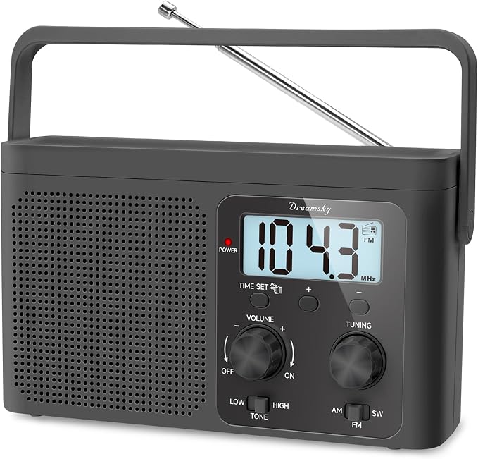 DreamSky AM FM Radio Portable - Shortwave Radio Battery Powered or Plug in Wall for Home Outdoor, Strong Reception, Large Dial Easy to Use, Digital Time Display, Transistor Antenna, Seniors Small Gift by DreamSky