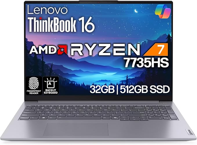 Lenovo ThinkBook 16 G7 Business Laptop, 16” FHD+, AMD Ryzen 7 7735HS, 32GB DDR5, 512GB NVMe, WiFi 6E + BT, Backlit KB, Fingerprint Reader, HD Webcam, Win 11 Pro by LENOVO