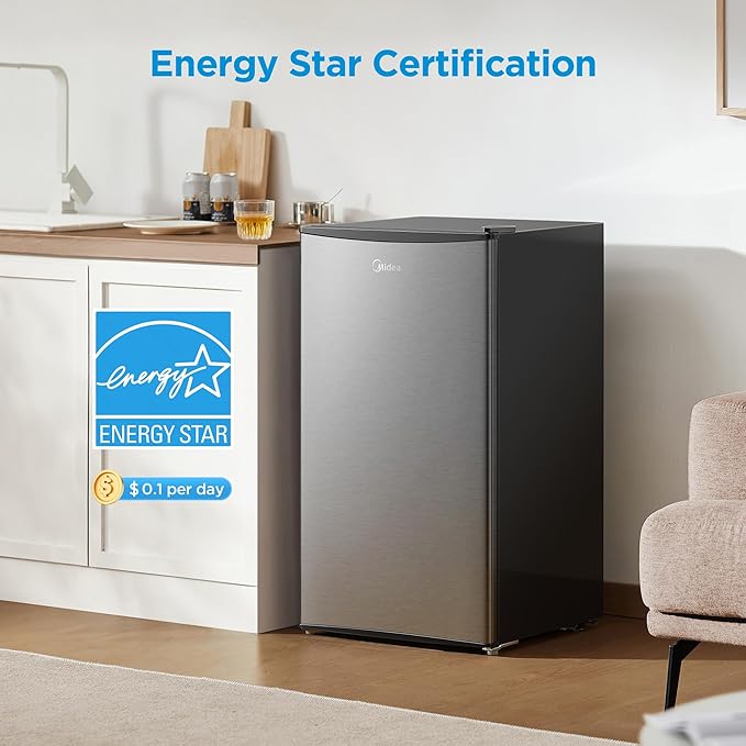 Midea 3.3 Cu.ft Mini Fridge, Energy Star Certified, Low Noise for Office | Adjustable Thermostat, Reversible Door,Ideal for Dorm, Office, Stainless Steel - Image 5