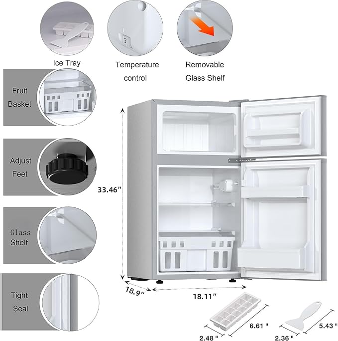 Antarctic Star Mini Compact Refrigerator, 3.2 Cu.Ft. Separate Freezer Double 2-Door Adjustable Removable Shelves For Basement/Apartment/Dorm/Office,GREY - Image 3