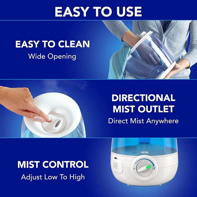 Vicks Filter-Free Ultrasonic Humidifier, Recommended by Pediatricians, 1.2 Gal Ultrasonic Cool Mist Humidifiers for Bedrooms & Kids Rooms, Works with Vicks VapoPads - Image 5