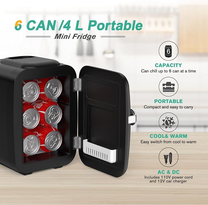 CROWNFUL Mini Fridge, 4 Liter/6 Can Portable Cooler and Warmer Personal Fridge for Skin Care, Cosmetics, Food,Great for Bedroom, Office, Car, Dorm, ETL Listed (Black) - Image 3