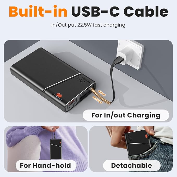 Aaoyun Portable Charger Power Bank, 20000mAh 22.5W PD Fast Charging Powerbank with Built-in USB C Cable, External Phone Battery Pack for iPhone 17/16/15 Samsung S24 Android etc - Image 6