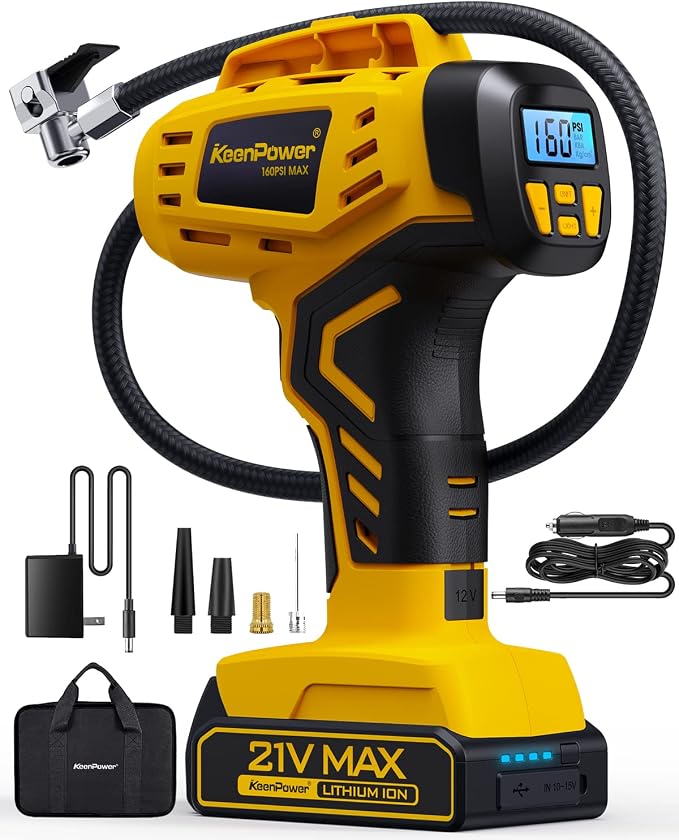 KeenPower Tire Inflator Portable Air Compressor - Super Fast - 21V Rechargeable Battery Powered Handheld 160PSI Tire Inflator, Dual Power Supply Modes, Portable Air Pump for Car Motorcycle E-Bike by KeenPower