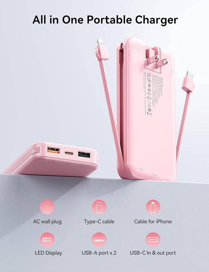 10000mAh Ultra-Portable-Charger-Power-Bank with Built in Cables&AC Wall Plug, PD20W USB-C Fast Charging Cell Phone Charger Battery Pack,LED Display Travel Battery Bank for All iPhone,Samsung,Android - Image 2