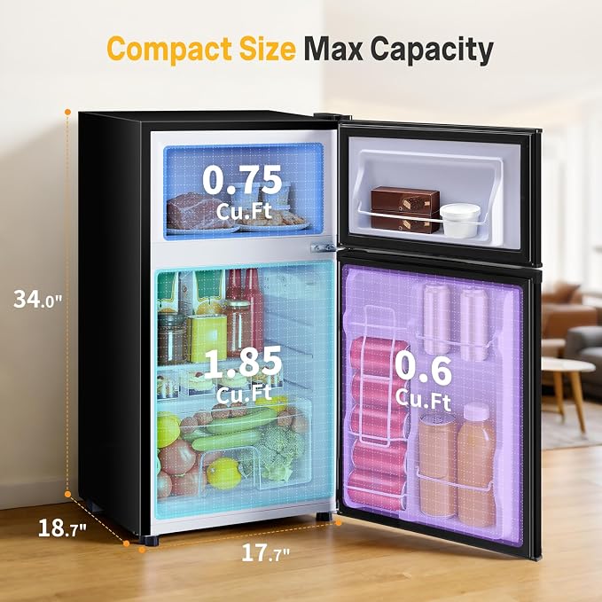 NEWBULIG Mini Fridge with Freezer, 3.2 Cu.Ft Fridge for Small Space, Black | Double Door Compact Refrigerator, 7-Level Thermostat, 41 dB Quiet, 0.8 kWh Daily, Dorm, Office, Apartment - Image 2