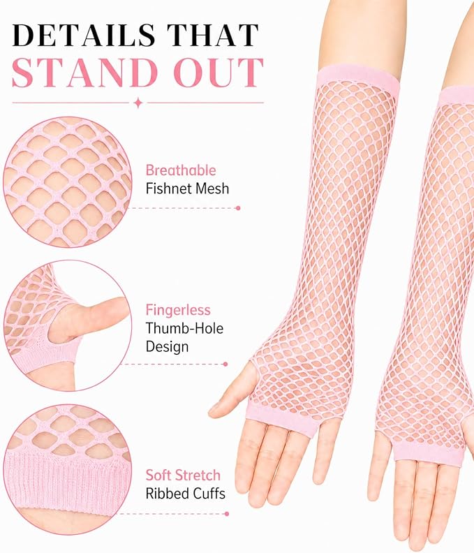 Seeksmile Women's Girls 80's Theme Party Emo Fingerless Arm Fishnet Gloves - Image 5