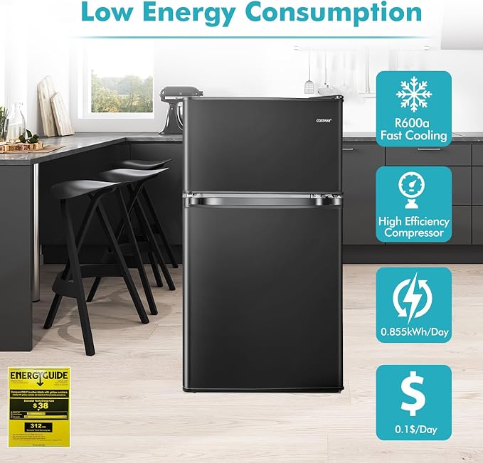 COSTWAY 3.2 Cu.Ft. Mini Fridge with Freezer, 2 Door for Office Bedroom Dorm | Compact Small Refrigerator with Reversible 2 Door, Adjustable Thermostat, Removable Glass Shelves for Food & Drink, Black - Image 8