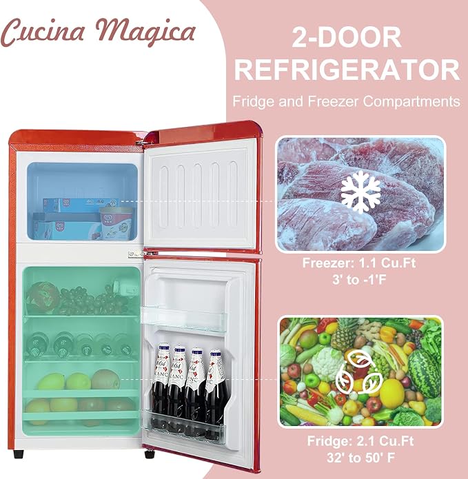 Mini Fridge with Freezer, 3.2 Cu.Ft Retro Double Door Refrigerator with 7 Level Thermostat, Adjustable Removable Glass Shelves for Bedroom Office Apartment Dorm Bar (RED, 3.2 Cu.Ft.) - Image 3