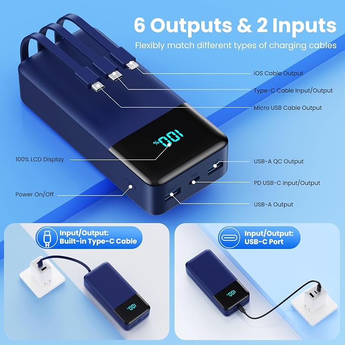 Portable Charger 50800mAh Power Bank with 3 Built in Cables,25W PD QC4.0 Fast Charging USB C Battery Pack,6 Outputs 2 Inputs Travel Essentials Phone Charger for iPhone 17/16/15,Google,Android,Blue - Image 5
