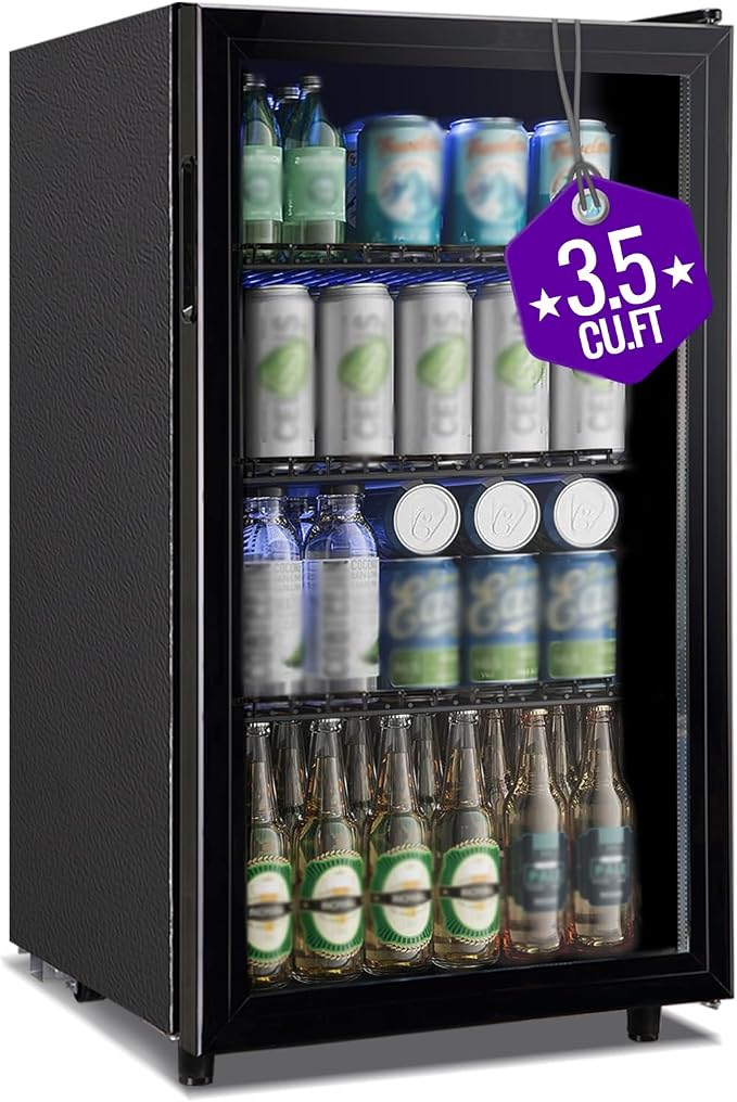 3.5 Cu.ft Beverage Refrigerator Cooler, Mini Fridge with Glass Door for Beer Soda or Water, Small Drink Cooler Machine Clear Front Removable Shelves perfect for Home, Bar, Office by WANAI%C2%AE