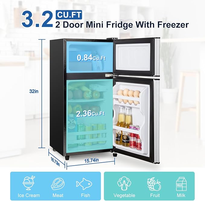 3.2 Cu.Ft Mini Fridge with Freezer, 7-Level Cooling Small Refrigerator | Energy Efficient Low Noise, Double Door Compact Fridge for Dorm, Bedroom, Office - Silver - Image 2