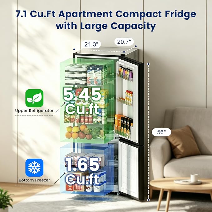 Apartment 7.1 Cu.Ft Refrigerator with Bottom Freezer Black | Office Fridge with Bottom Freezer, Large Capacity, Energy Saving, Adjustable Thermostat, Low Noise - Image 3