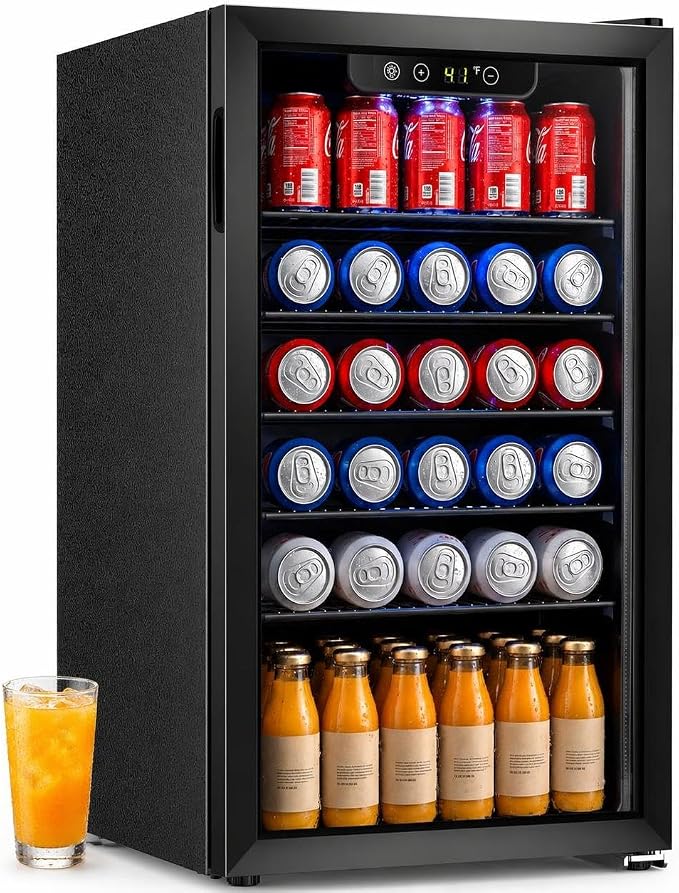 COWSAR Mini Fridge Cooler, 130 Can Beverage Refrigerator with Glass Door, ETL Approved Wine Fridge with Digital Temperature Control, LED Light, Reversible Door for Home, Office, Bar - 3.2 Cu.Ft by COWSAR