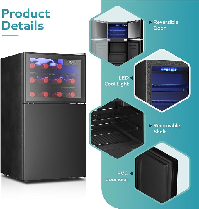 EUHOMY Double Door Mini Fridge With Freezer, Freestanding Wine Cooler Refrigerator With Reversible Door, Compact Refrigerator Temperature Control, Wine Fridge Perfect For Kitchen Home Office. - Image 6