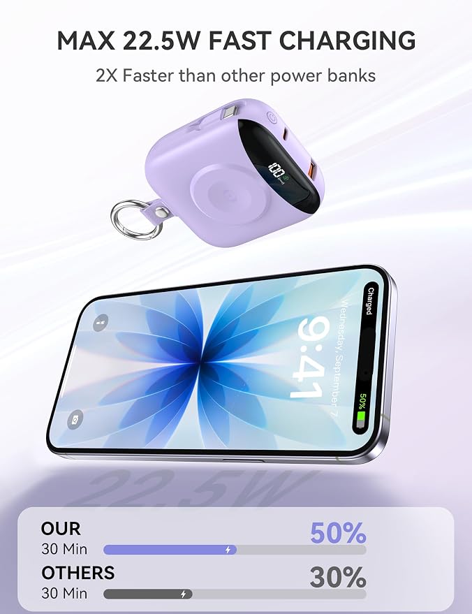 Portable Charger, 10000mAh 22.5W Fast Charging Power Bank with Built-in Cables, Travel Essentials Battery Pack with LED Display for iPhone, Portable iWatch Charger for 11/10/9/8/7/6/5/SE/Ultra Purple - Image 4