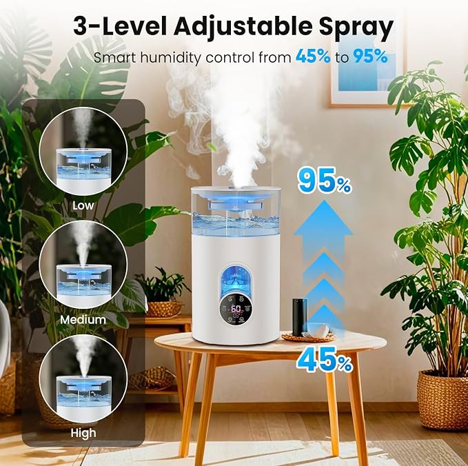 Humidifiers for Bedroom Large Room Home - GloryAir 6L Quiet Top Fill Cool & Warm Mist Humidifier with Smart Humidity Control, Remote Control, 7-Color Light, Humidistat, Oil Diffuser - Image 4