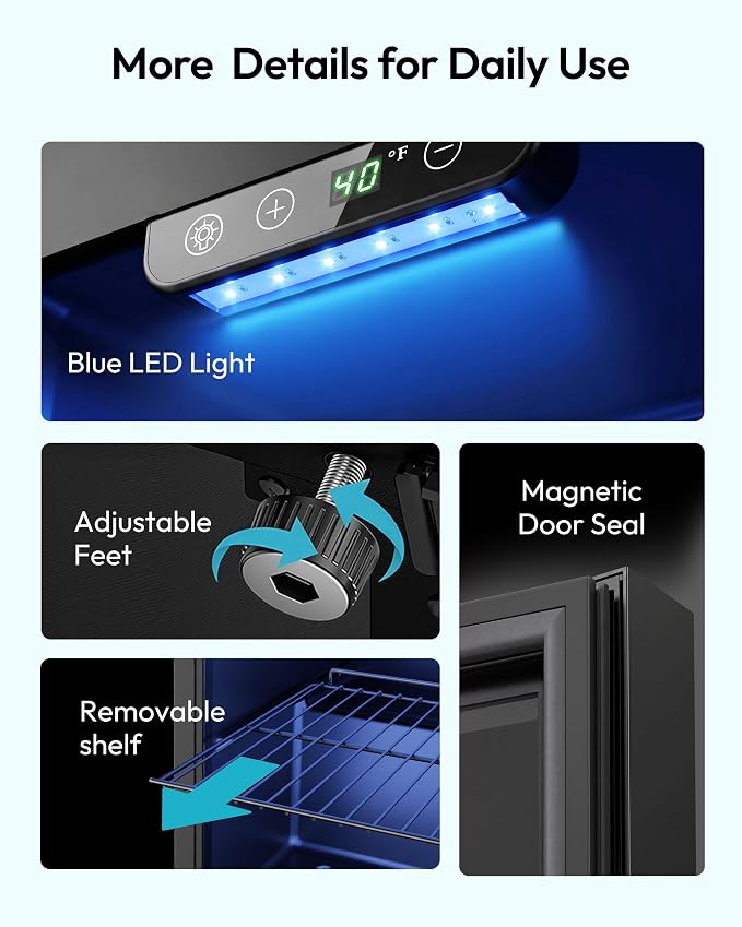 EUHOMY 48 Can Beverage Refrigerator cooler-Mini Fridge Glass Door for Beer Drinks Wines, Countertop Beverage Fridge with Adjustable Shelves Blue LED for Home/Office/Dorm/Bar, 1.3 cu.ft - Image 9