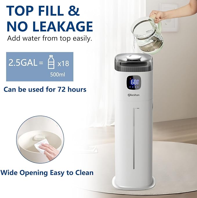 Large Humidifier for Bedroom, 9L/2.5Gal Ultrasonic Cool Mist, Easy Clean with 350ML/H Large Mist Speed, Remote control, Quiet Tower, Suitable for Kids Room Plant Yoga - Image 4