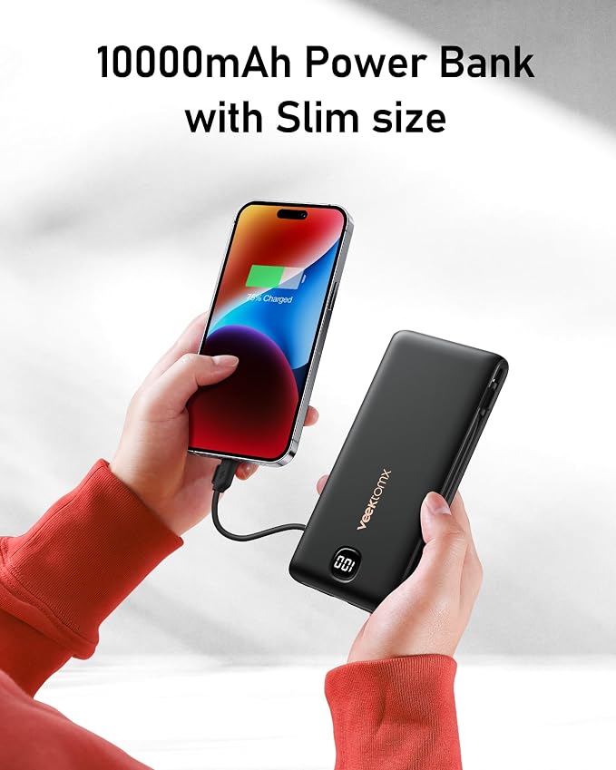 VEEKTOMX Portable Charger with Built in Cables 10000mAh, Power Bank for iPhone with AC Wall Plug, Fast Charging USB C Slim Battery Pack with LED Display Compatible with iPhone 17/16/15/14, Samsung - Image 7