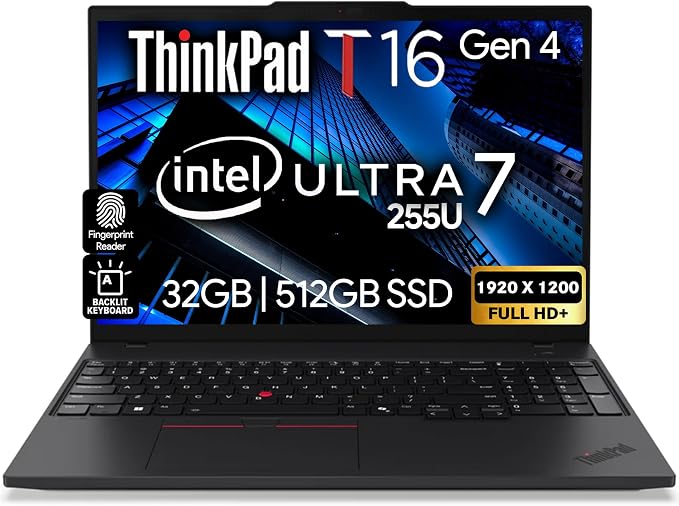 Lenovo ThinkPad T16 Gen 4 AI Business Laptop 16” FHD+ Display, Intel Ultra 7 255U (Beats i7-1355U), 32GB DDR5 RAM, 512GB SSD, 5MB Webcam, Fingerprint, Backlit KB, WiFi 6E + BT, RJ-45, HDMI, Win 11 Pro by LENOVO