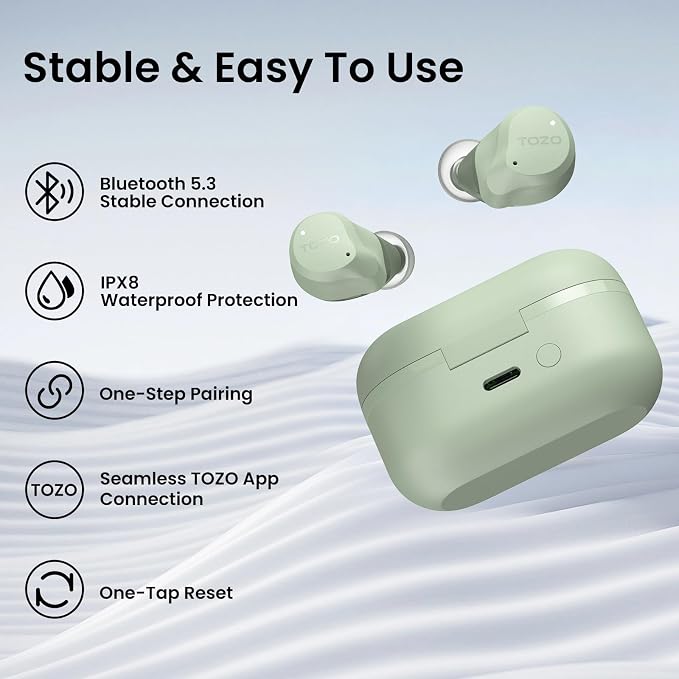 TOZO NC9 Hybrid Active Noise Cancelling Wireless Earbuds, 60H, LED Display | 6 Mic ENC Clear Calls, Deep Bass Sound, IPX8, in Ear Bluetooth 5.3 Headphones,32 EQs via APP, Comfort Fit Ear Buds, Green - Image 9