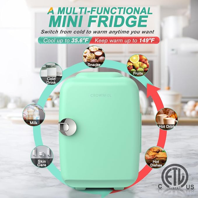 CROWNFUL Mini Fridge, 4 Liter/6 Can Portable Cooler and Warmer Personal Refrigerator for Skin Care, Cosmetics, Beverage, Food,Great for Bedroom, Office, Car, Dorm, ETL Listed (Green) - Image 3