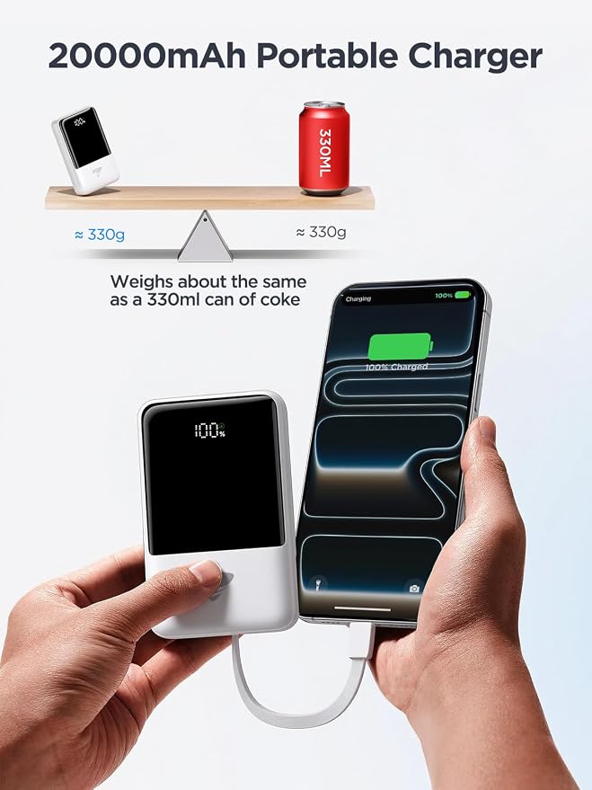 Aioneus 20000mAh Portable Charger, Power Bank with Built in Cables USB C 22.5W Fast Charging Battery Pack for iPhone 16 15 14 13 12 11 Pro Max, Samsung Galaxy S25 S24 S23 Android Phones (1Pack) - Image 2