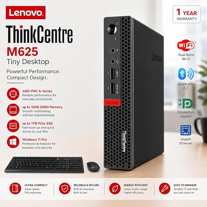 Lenovo ThinkCentre Mini Desktop Computer with AMD Processor & Graphics, 4GB DDR4 RAM, 128GB SSD, Windows 11, Wi-Fi, Bluetooth, 2X DisplayPort, RJ-45 Port, USB, for Daily Work, Wired Keyboard & Mouse - Image 3