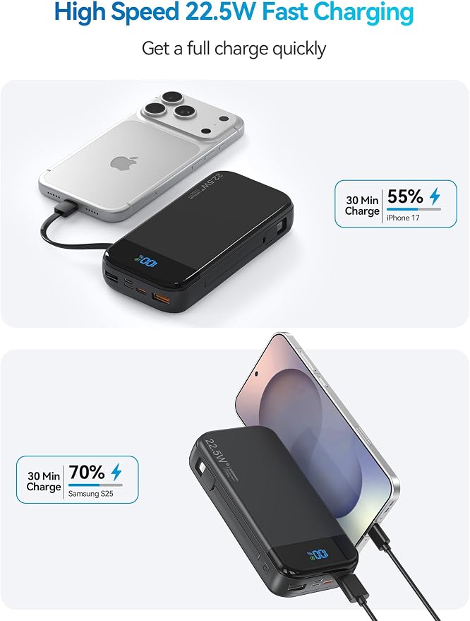 Portable Charger Power Bank Built-in Cables, 32000mAh 22.5W USB C Fast Charging, 5 Outputs 3 Inputs Travel Essentials Battery Pack Compatible with iPhone, iPad, Samsung, Google Pixel, Black - Image 2