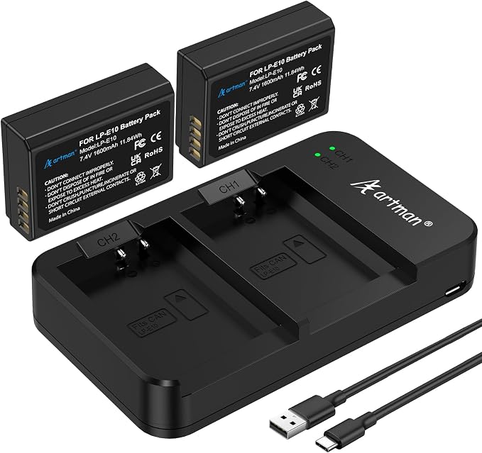 Artman LP-E10 Battery 2-Pack 1600mAh and Rapid Dual LP E10 Battery Charger by Aartman