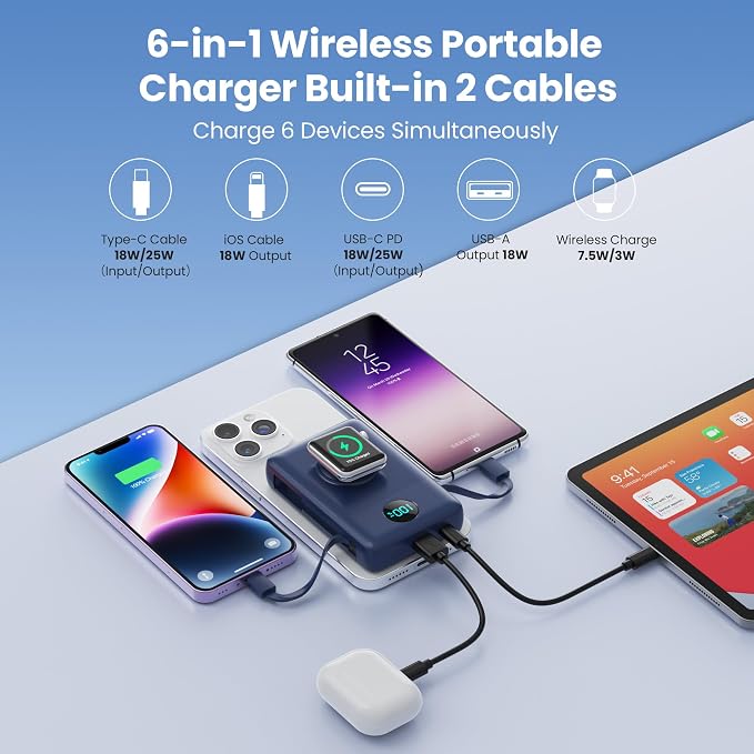 Magnetic Portable Charger for MagSafe with Built-in Cable,iWatch Charger,10800mAh Wireless Power Bank Travel Essentials,25W PD Fast Charging Battery Pack for iPhone 17/16/15/14/13/12,Apple Watch-Navy - Image 3