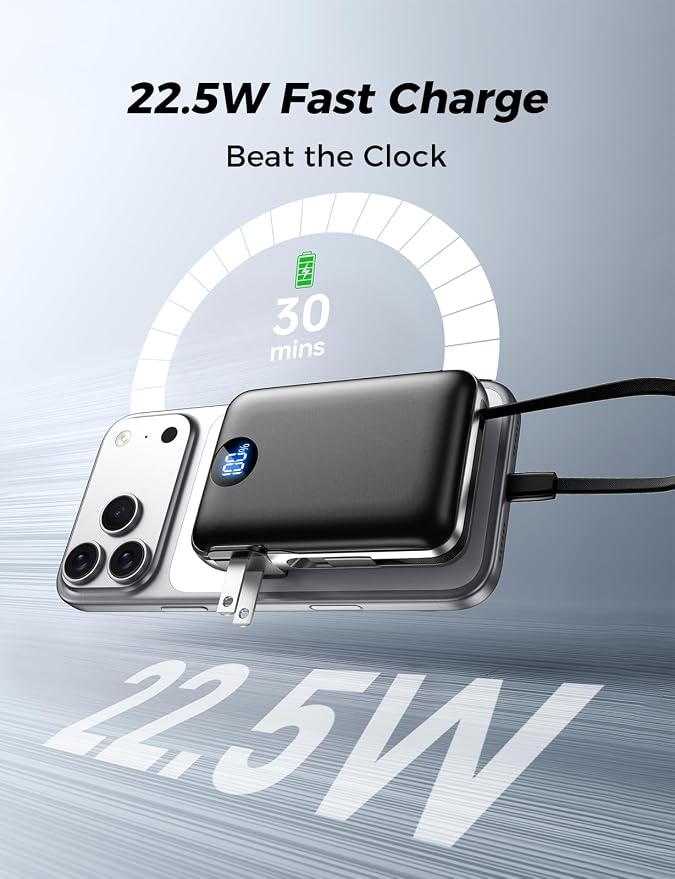 Portable Charger with Built-in Cables & Wall Plug, 10000mAh Power Bank, 4 Outputs 22.5W USB C Fast Charging, Slim Travel Battery Pack with LED Display for iPhone 17/16/15/14, Black - Image 2