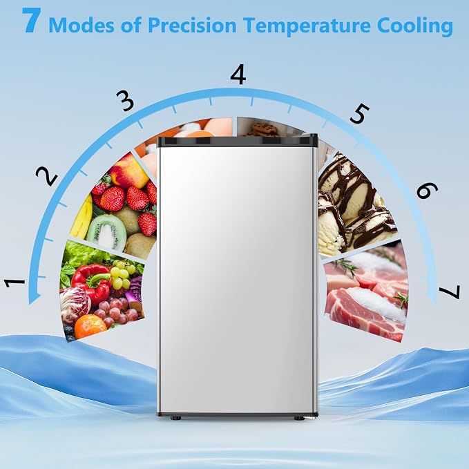 COWSAR 3.2 Cu.Ft Mini Fridge with Freezer for Bedroom Dorm, Silver | Single Reversible Door, 7 Temperature Settings, Energy Saving, 2 Removable Glass Shelves, Small Refrigerator for Apartment - Image 3