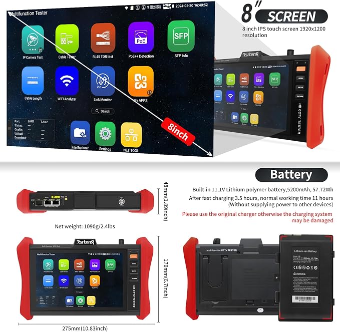 Rsrteng CCTV Tester 4K 12MP IP Camera Tester POE++ Max 90W POE Camera Test 8" - Image 7