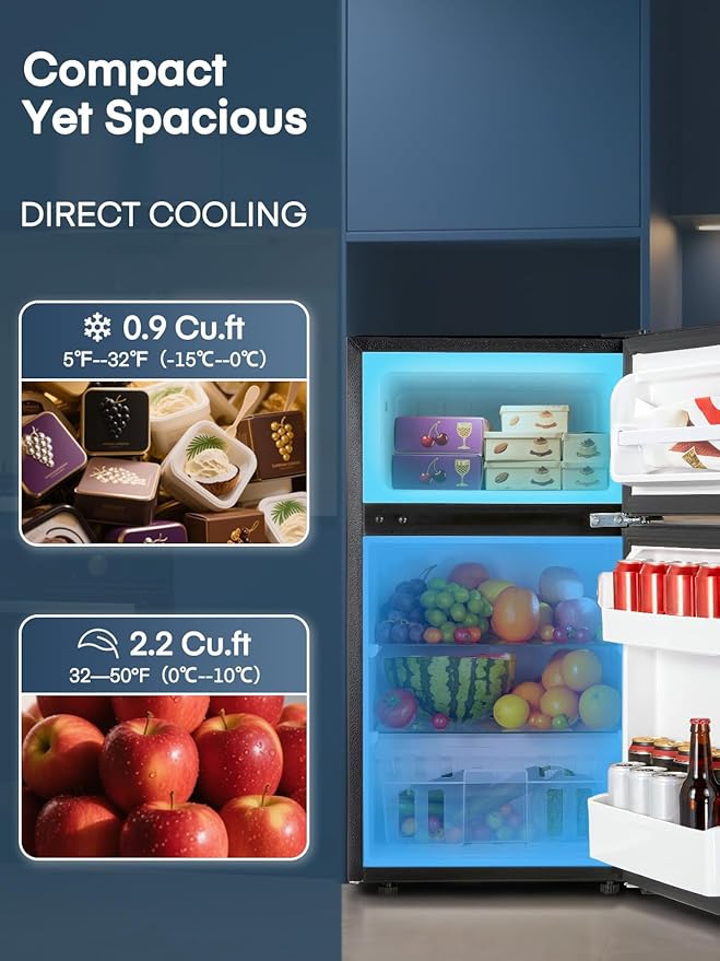 Mini Fridge with Freezer for Bedroom, 3.1 Cu.ft Double Doors Small Refrigerator with Ice Tray, Removable Shelves, Temperature Control Mini Refrigerator for Dorm and Office - Image 2