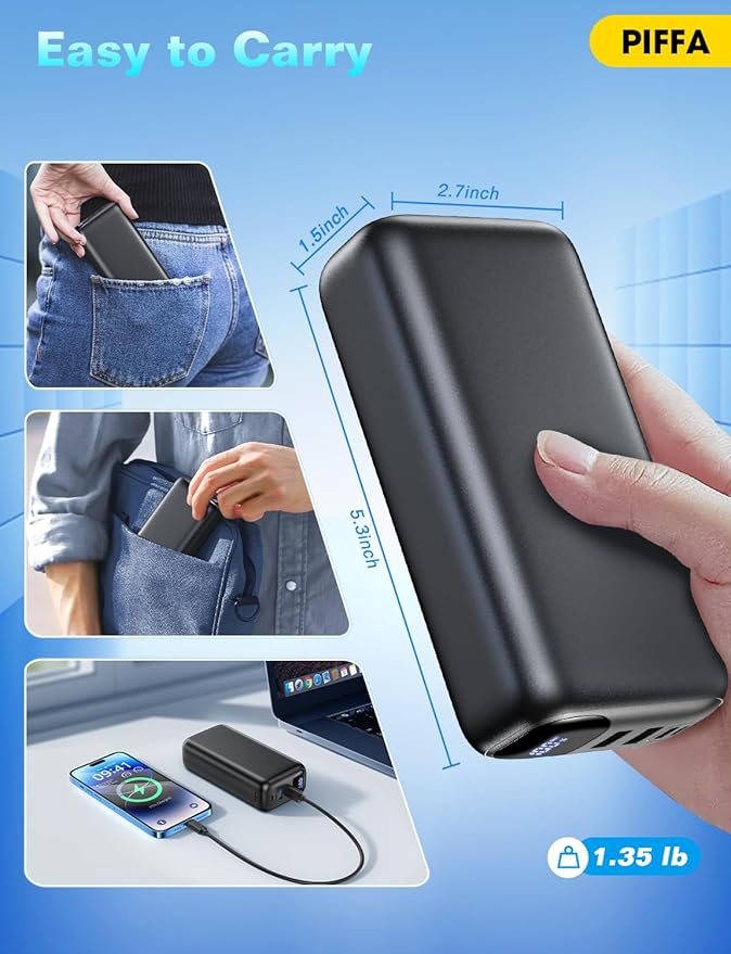 PIFFA Portable Charger Power Bank - 50000mAh Battery Pack, 22.5W Fast Charging Powerbank,Travel Essential for Portable Phone Charger, USB-C Phone Charger for iPhone 17/16/15/14/13 Samsung Google-Dark - Image 7