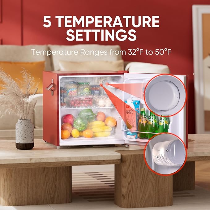 Upstreman 1.7 Cu.Ft Retro Mini Fridge, Low Noise, Energy Saving, Adjustable Thermostat, Single Door, Side Bottle Opener, Metal Handle, Compact Refrigerator for Office, Bedroom, Dorm-FR17 PRO (Red) - Image 5