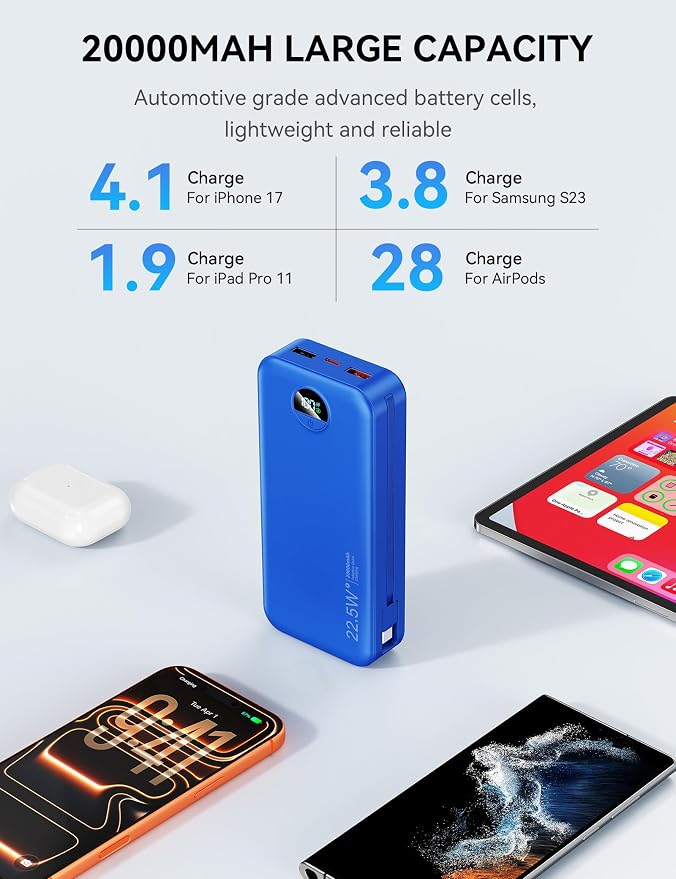 Portable Charger, 20000mAh 22.5W Fast Charging Power Bank with Built-in Cables & Wall Plug, USB C External Battery Pack with LED Display, Travel Essentials Phone Charger for iPhone iPad Samsung Navy - Image 5