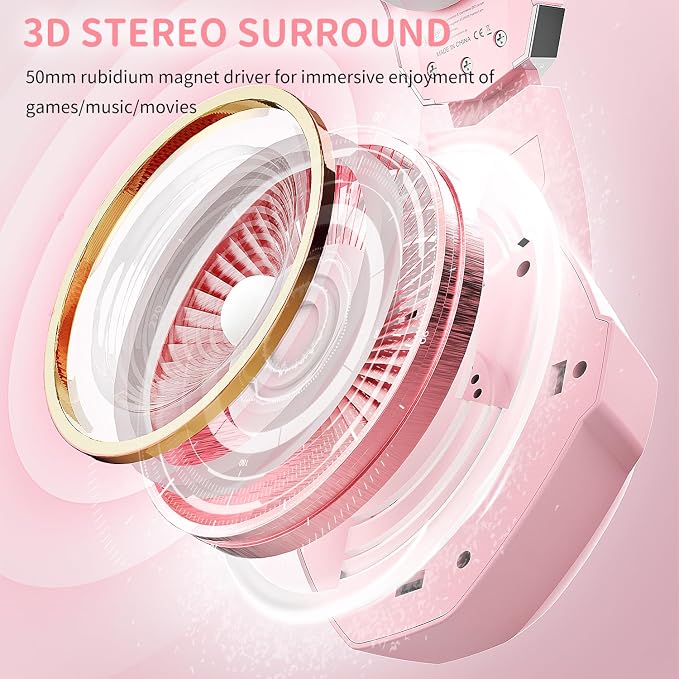 Ozeino Gaming Headset for PC, Ps4, Ps5, Xbox Headset with 7.1 Surround Sound, Gaming Headphones with Noise Cancelling Mic RGB Light Over Ear Headphones for Xbox Series X/S, Switch-Pink - Image 3