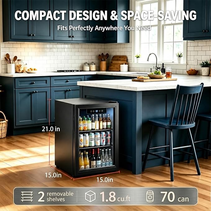 Beverage Refrigerator, 1.8 Cu.Ft Mini Fridge with Glass Door, and Electronic Temperature Control for Beer, Soda, Wine, Small Drink Fridge for Home, Dorm, Office, Bar (1.8 Cu.Ft) - Image 2