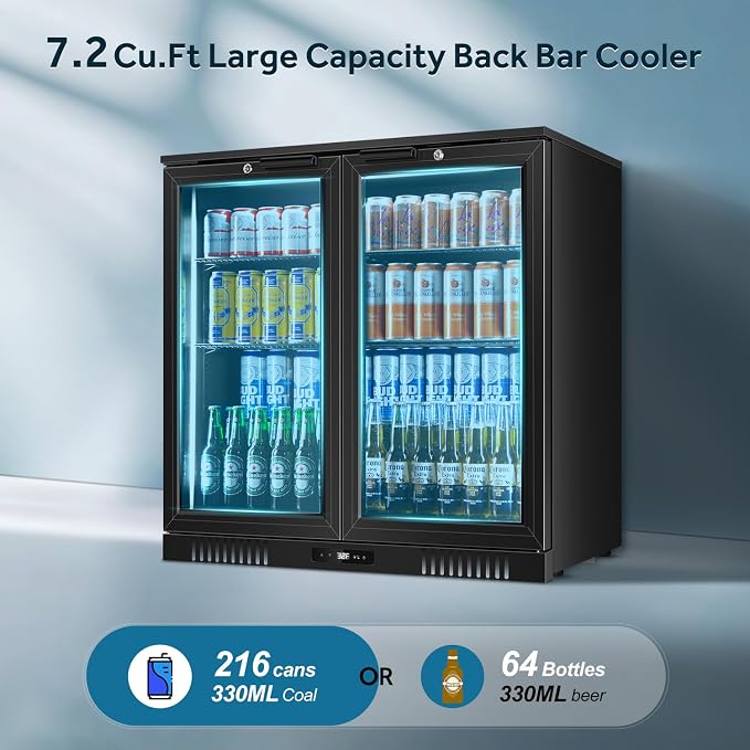 Back Bar Cooler 2 Door 216 Can Black | built-in/free, fast cool, temp memory, 2 locks, LED, low-e glass - Image 2