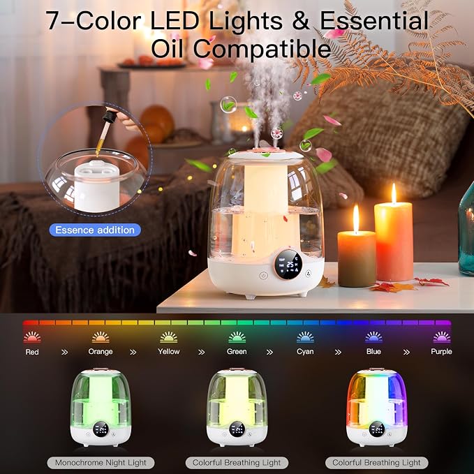 Humidifiers for Bedroom, 3L Tank for 30H 20dB Quiet Mist Time, Dual Nozzles, LED Lights, Smart Timer (2/4/8 Hours), Auto Shut-Off, Perfect for Baby and Large Rooms (White) - Image 4