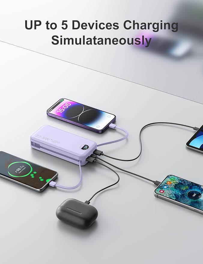 20000mAh Ultra-Portable-Charger-Power-Bank with Built in Cables&AC Wall Plug,PD20W USB-C Fast Charging Cell Phone Charger Battery Pack,LED Display Travel Battery Bank for All iPhone,Samsung,Android - Image 7