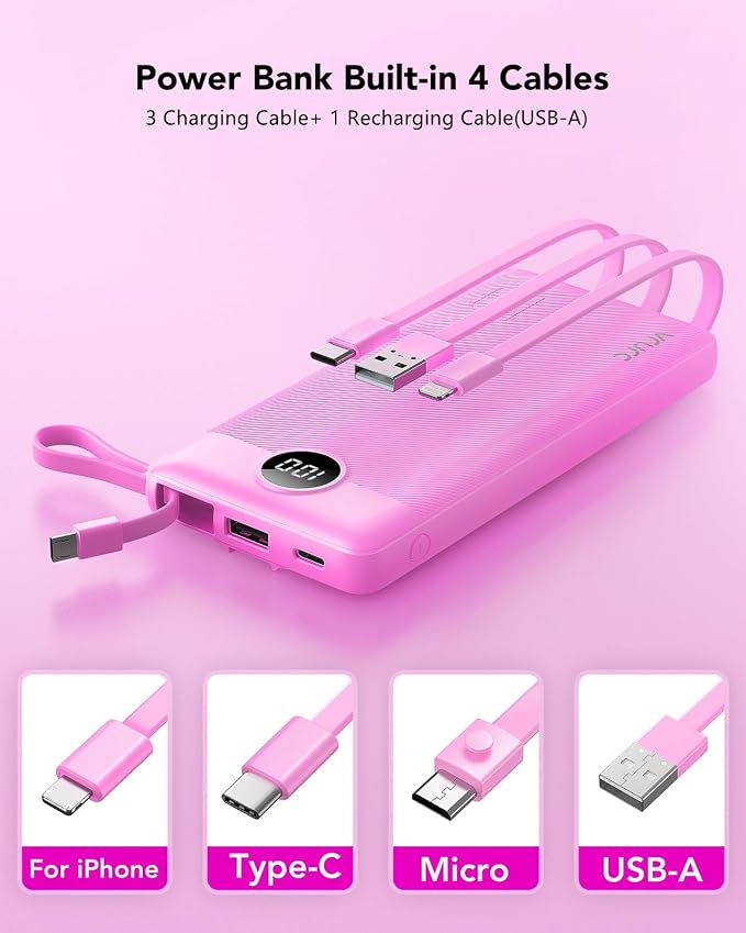 VRURC Portable Charger 10000mAh, Travel Essentials Battery Pack, 5 Output 2 Input Power Bank, Built-in Micro & USB C Cables Phone Charger for iPhone 17 Pro 17 16 15 14 13,Android-Purple(1 Pack) - Image 2