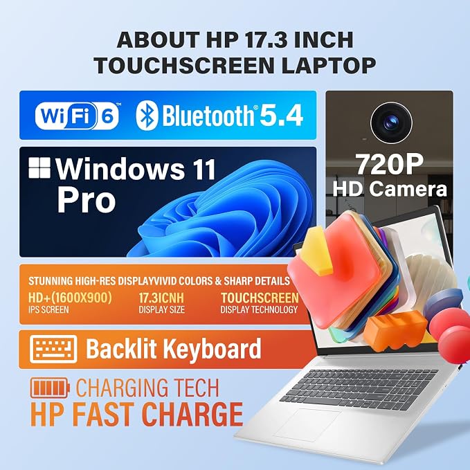 HP 17.3" Touchscreen Business Laptop, 16GB RAM, 512GB SSD,AMD Ryzen 5 7430U | Backlit Keyboard, Windows 11 Pro, Fast Charge, AI Copilot, 17.3" HD+ Anti-Glare Display, Wi-Fi 6, w/Accessories - Image 3
